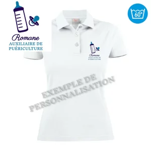 Polo Auxiliaire de Puériculture Personnalisé Blanc Motif Bleu