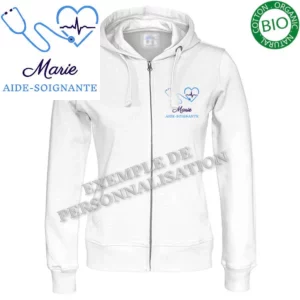 Sweat Aide-soignante personnalisé Blanche Motif Bleu