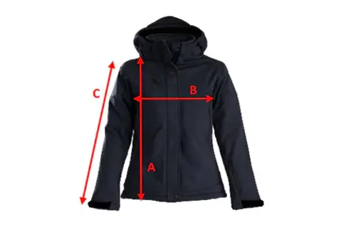 Guide des tailles parka softshell femme avec mesures longueur poitrine et manches