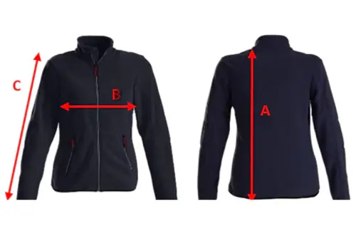 Guide des tailles veste polaire femme avec mesures longueur poitrine et manches