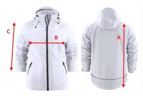 Guide des tailles veste softshell femme avec mesures longueur poitrine et manches