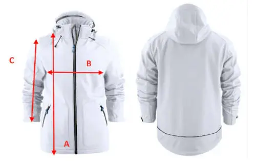 Guide des tailles veste softshell homme avec mesures longueur poitrine et manches