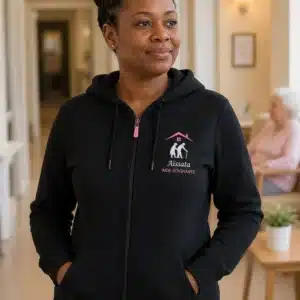 Sweat femme aide-soignante personnalisé noir broderie rose en EHPAD